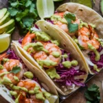 Baja Shrimp Tacos served with cabbage slaw, chipotle sauce, avocado slices, and lime wedges on a rustic wooden board, perfect for taco night.