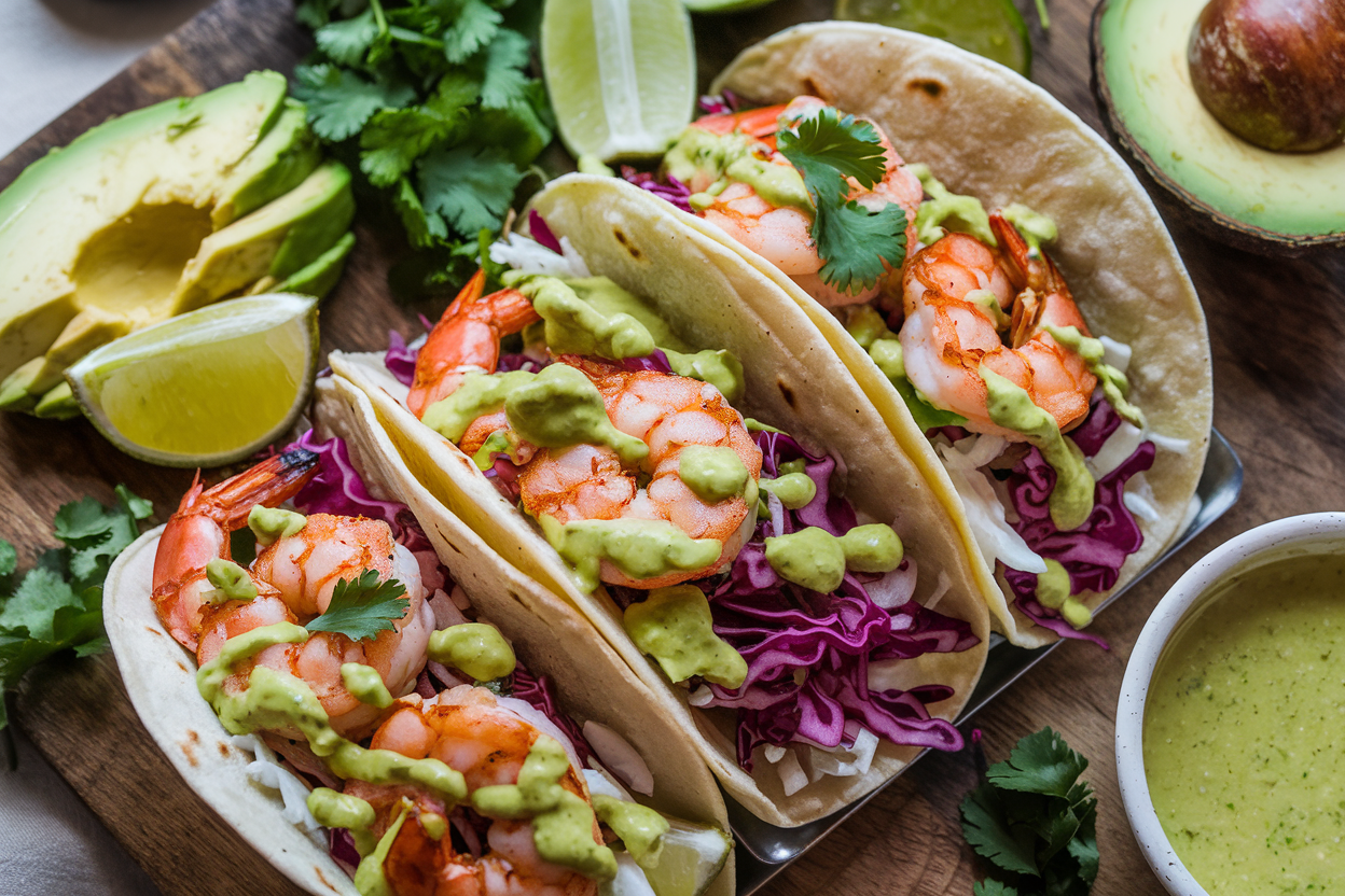 Baja Shrimp Tacos served with cabbage slaw, chipotle sauce, avocado slices, and lime wedges on a rustic wooden board, perfect for taco night.