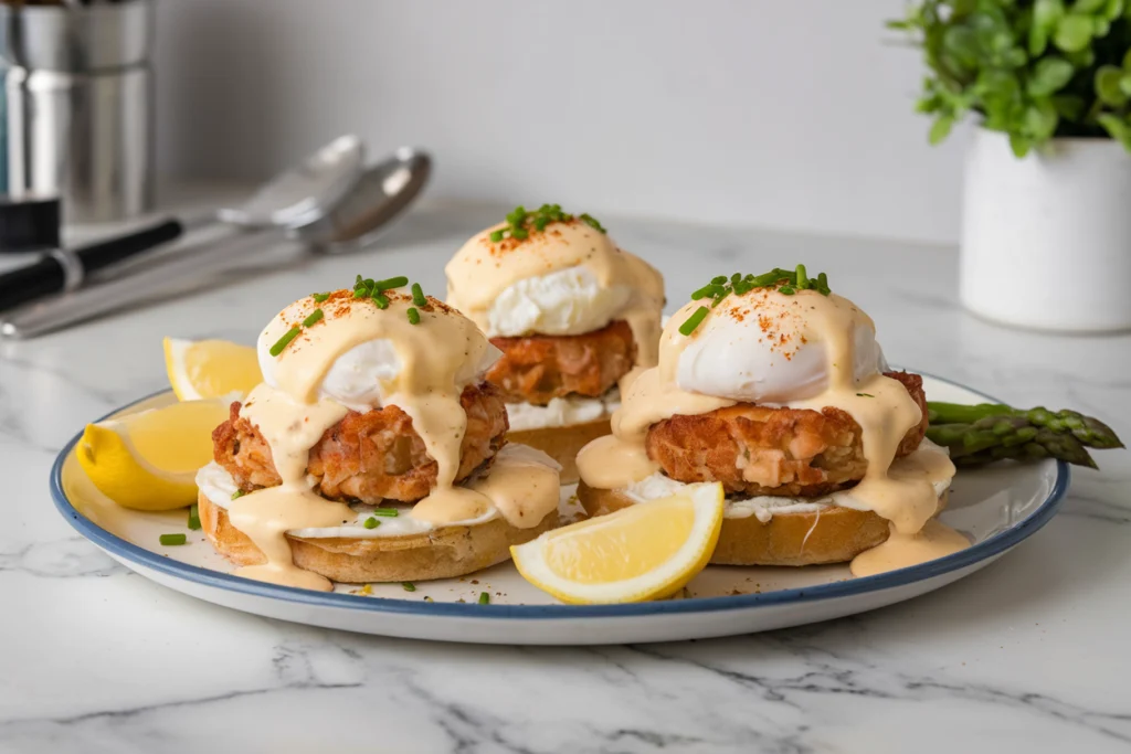 Crab Cake Eggs Benedict with golden crab cakes, poached eggs, and hollandaise sauce, garnished with chives and paprika, served on English muffins.