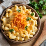 Creamy mac and cheese without milk served in a rustic ceramic bowl, garnished with parsley and topped with melted cheddar cheese.