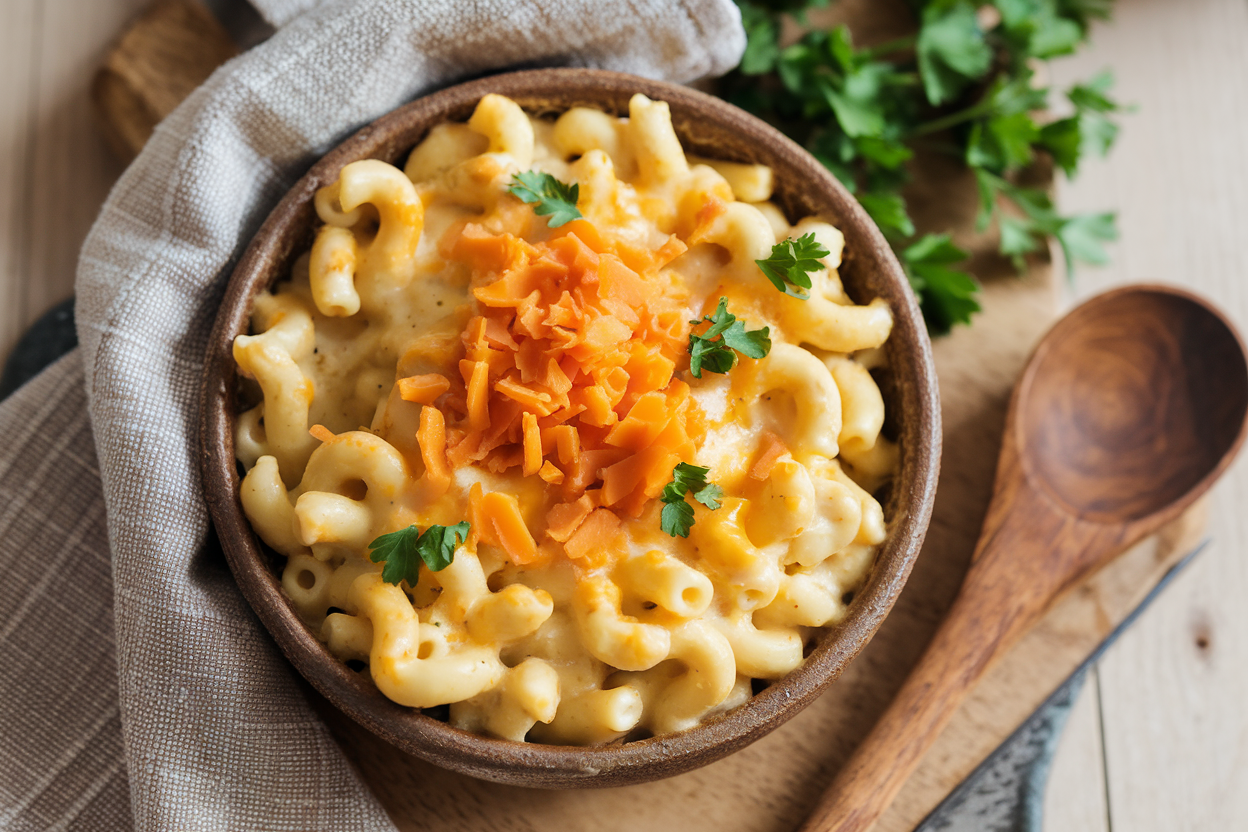 Creamy mac and cheese without milk served in a rustic ceramic bowl, garnished with parsley and topped with melted cheddar cheese.