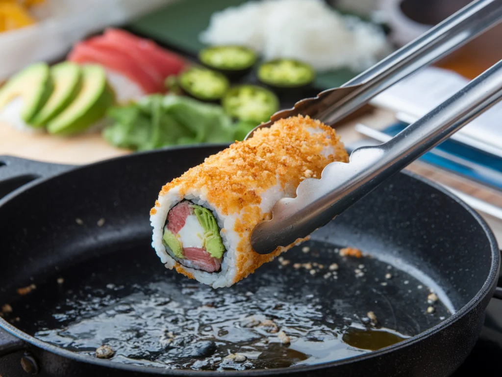 Vegas sushi roll coated in tempura batter and panko crumbs being fried to golden crisp perfection in hot oil, with ingredients displayed in the background