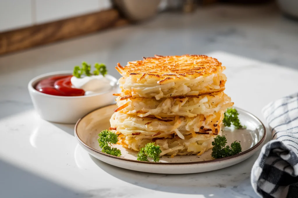 Golden and crispy air fryer hash browns served with ketchup and sour cream dips on a white plate, perfect for a healthy breakfast.