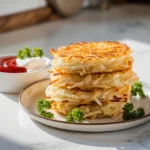 Golden and crispy air fryer hash browns served with ketchup and sour cream dips on a white plate, perfect for a healthy breakfast.