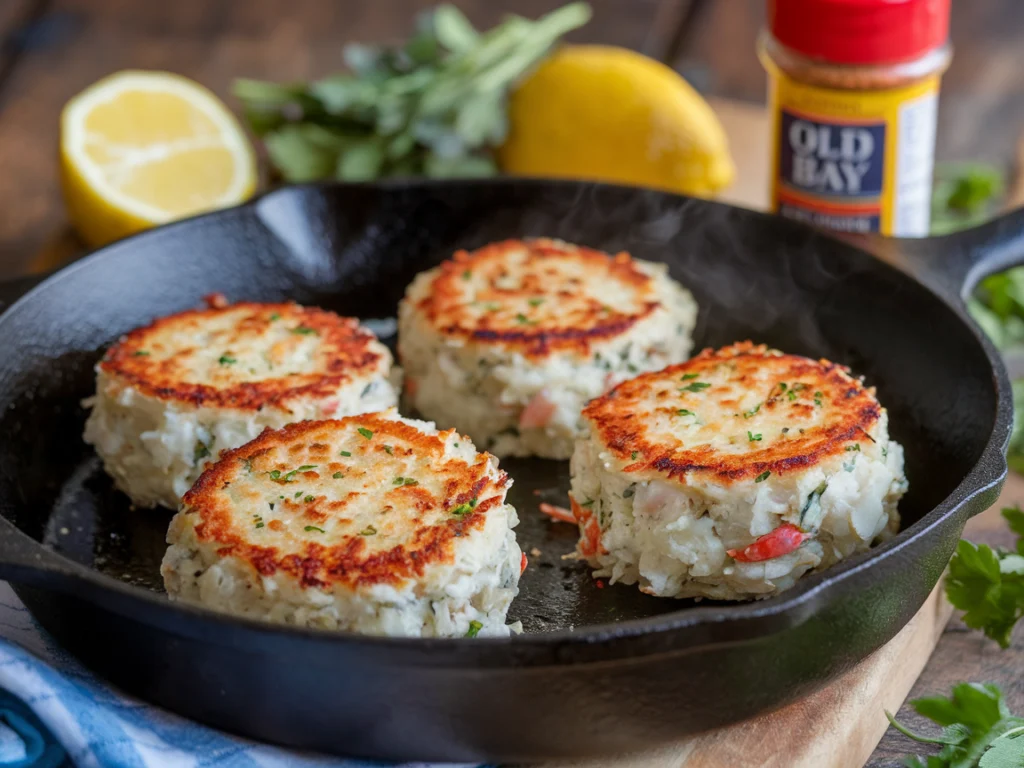 Pan-fried crab cakes in a cast-iron skillet, turning golden brown with visible crab meat chunks, surrounded by lemons, herbs, and Old Bay seasoning.
