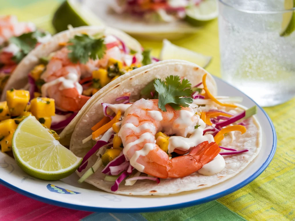 Baja Shrimp Tacos served with slaw, creamy chipotle sauce, and lime wedges, paired with mango salsa and sparkling lime water for a refreshing meal.