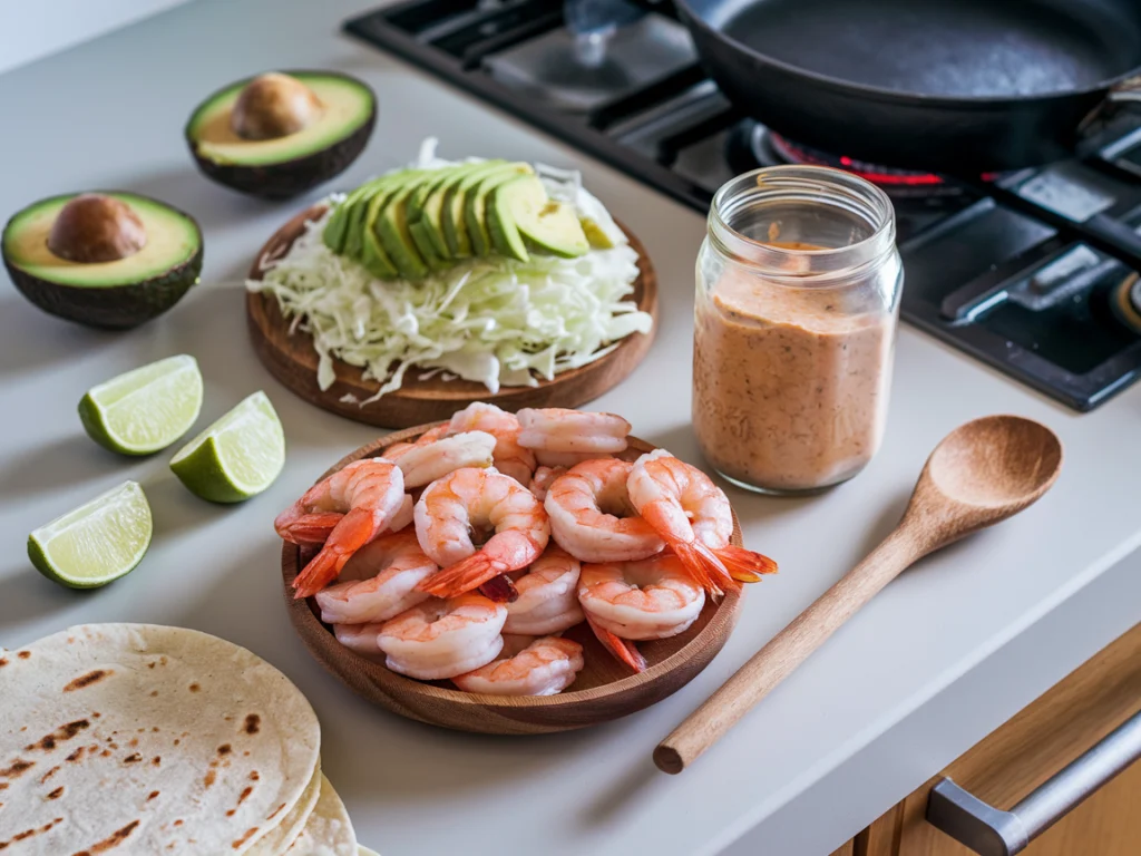 Ingredients for Baja Shrimp Tacos, including marinated shrimp, shredded cabbage, chipotle crema, avocados, and lime wedges, ready for preparation.