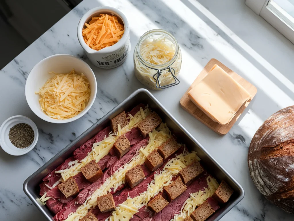 Reuben casserole preparation showing layers of rye bread, corned beef, sauerkraut, Swiss cheese, and Thousand Island dressing on a marble countertop.