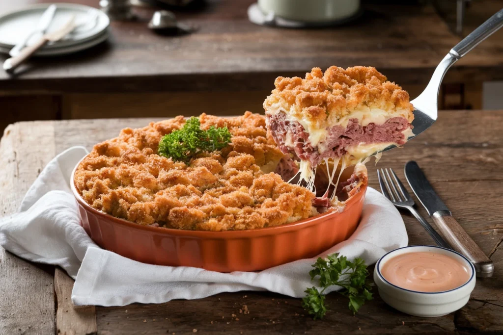 Freshly baked Reuben casserole with golden breadcrumbs, melted Swiss cheese, corned beef, and sauerkraut in a glass dish on a wooden kitchen counter.