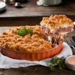 Freshly baked Reuben casserole with golden breadcrumbs, melted Swiss cheese, corned beef, and sauerkraut in a glass dish on a wooden kitchen counter.