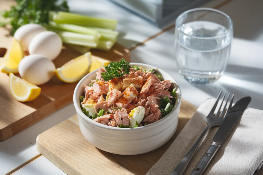 Close-up overhead view of a creamy tuna salad with eggs garnished with parsley and paprika, served in a white bowl with lemon wedges and celery sticks on a wooden board.